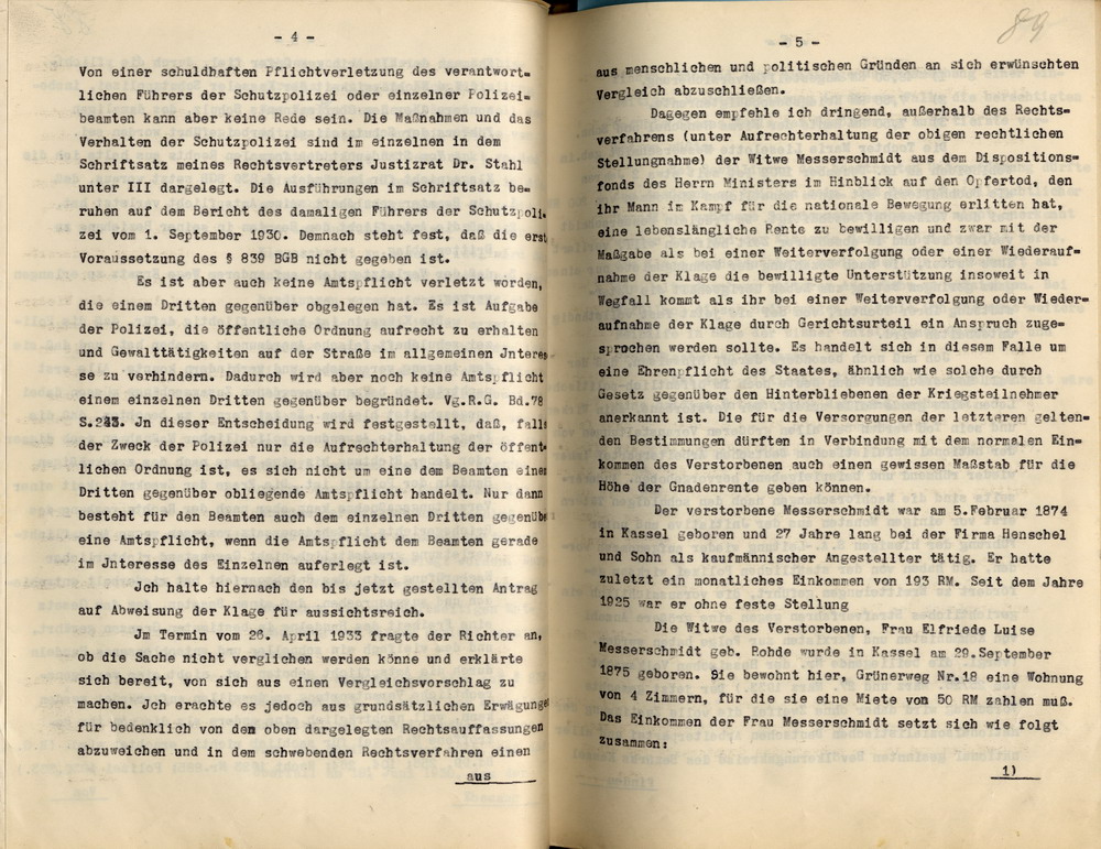 Stellungnahme des Kommissarischen Regierungspräsidenten zur Zahlung einer Unterhaltsrente und Gewährung einer Gnadenrente für die Witwe Messerschmidt, Kassel, den 8. Mai 1933.