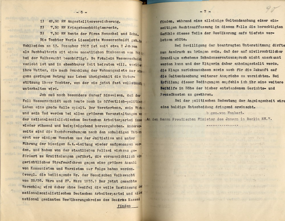 Stellungnahme des Kommissarischen Regierungspräsidenten zur Zahlung einer Unterhaltsrente und Gewährung einer Gnadenrente für die Witwe Messerschmidt, Kassel, den 8. Mai 1933.
