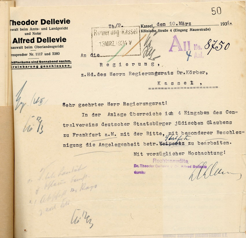 Die Rechtsanwälte Dellevie überreichen der Regierung in Kassel vier Eingaben des Centralvereins deutscher Staatsbürger jüdischen Glaubens, Kassel, den 10. März 1934.