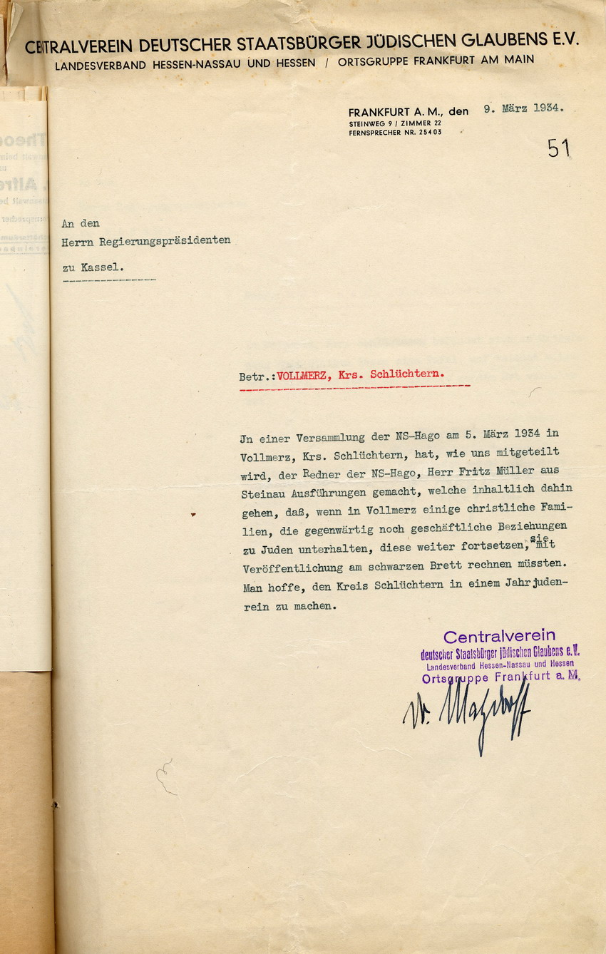 Eingabe des Centralvereins deutscher Staatsbürger jüdischen Glaubens über die Diskriminierung jüdischer Mitbürger in Vollmerz, Frankfurt a.M., den 9. März 1934.