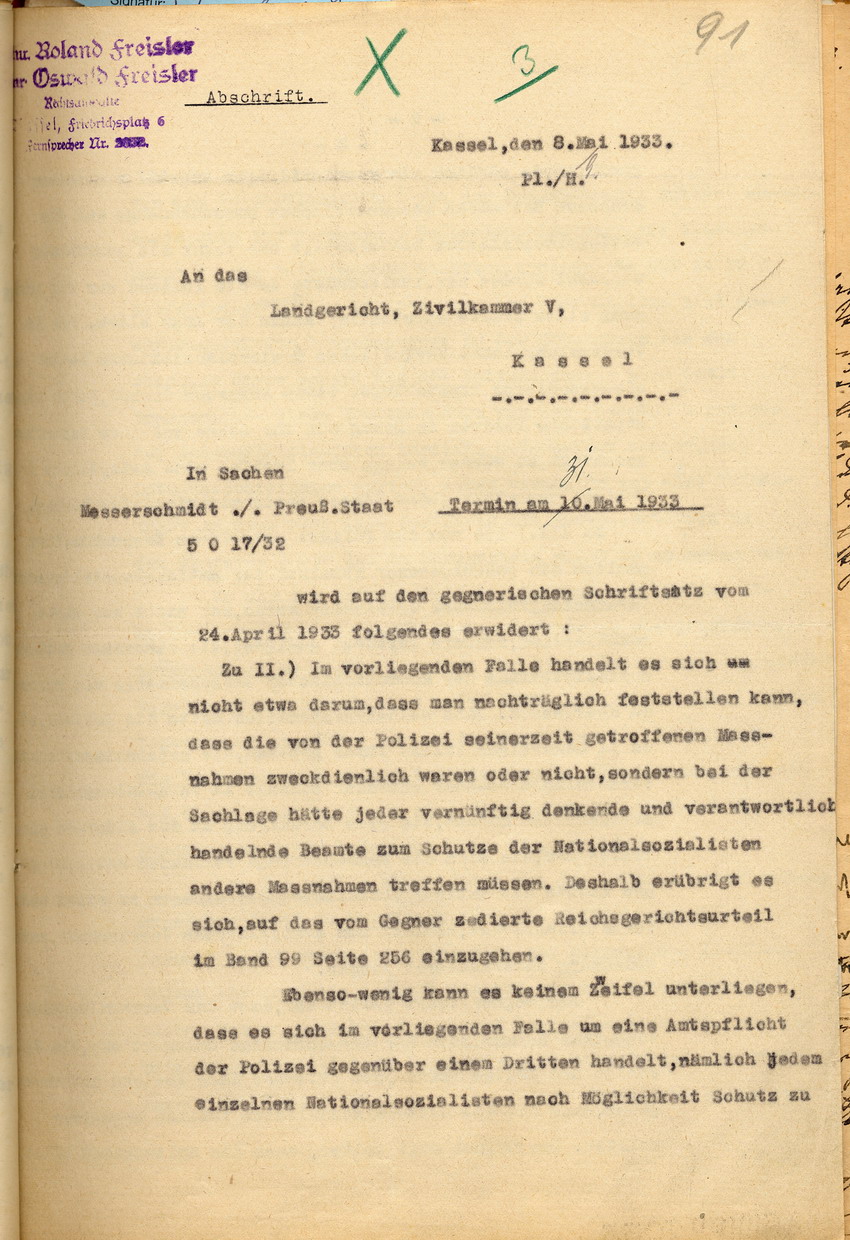 Erwiderung der Anwälte Freisler auf den Schriftsatz des Rechtsanwalts Stahl vom 24. April 1933, Kassel, den 8. Mai 1933.