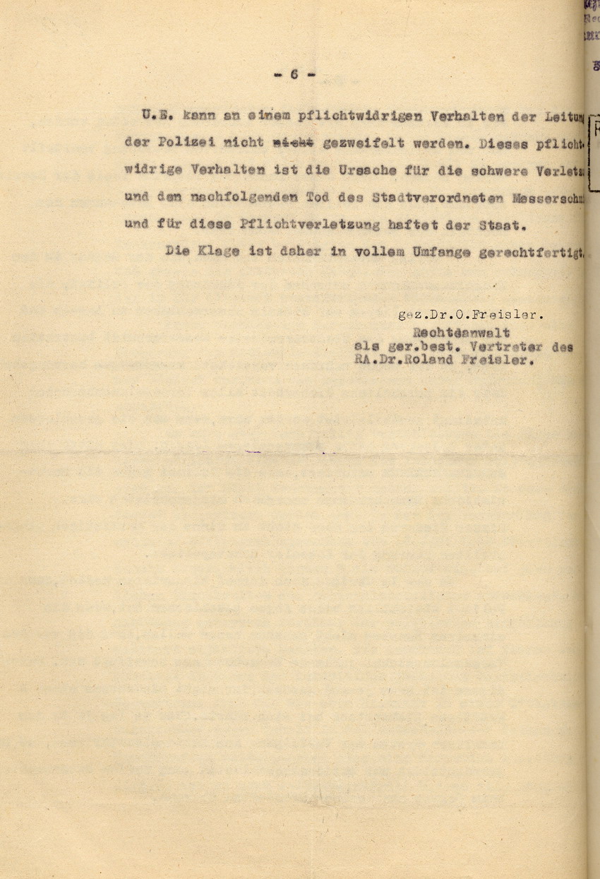 Erwiderung der Anwälte Freisler auf den Schriftsatz des Rechtsanwalts Stahl vom 24. April 1933, Kassel, den 8. Mai 1933.