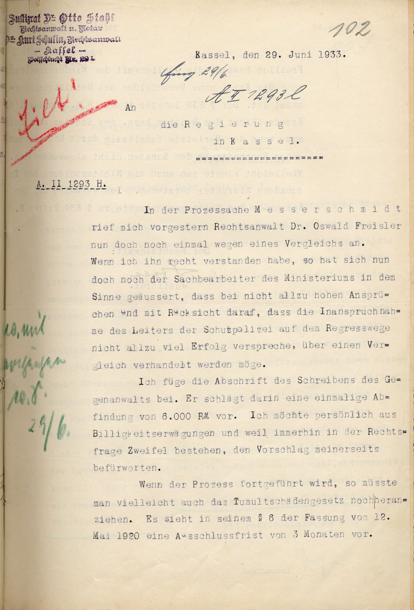 Einigung der Parteien Messerschmidt und Preußischer Staat auf einen Vergleich, Kassel, den 29. Juni 1933.