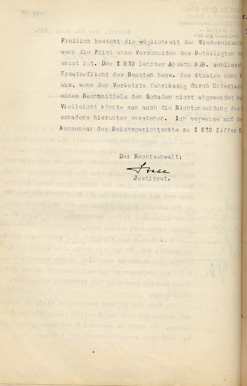 Einigung der Parteien Messerschmidt und Preußischer Staat auf einen Vergleich, Kassel, den 29. Juni 1933.