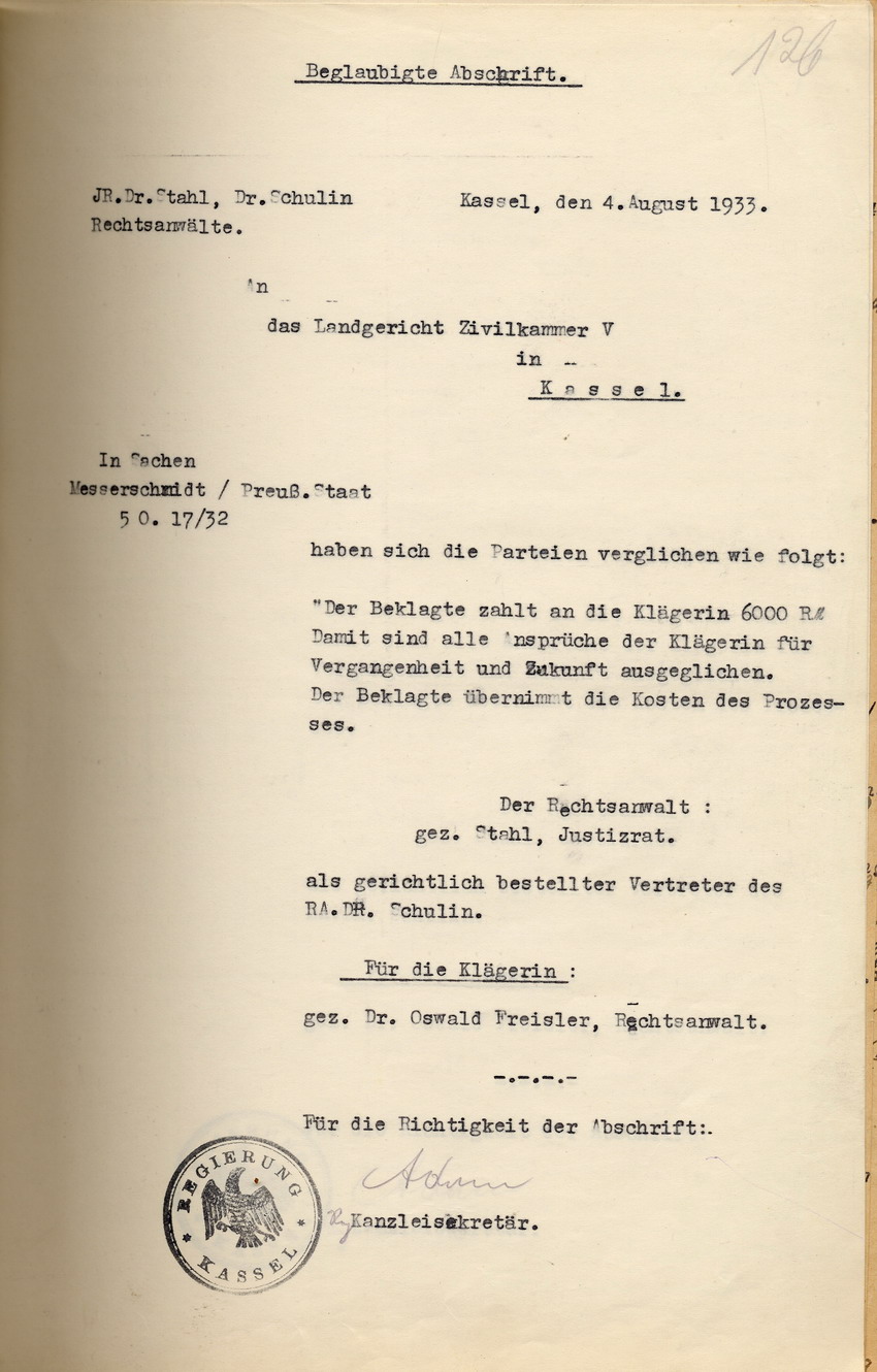 Schreiben des Rechtsanwalts Otto Stahl: Vergleichsbeschluss im Entschädigungsprozess der Witwe Messerschmidt, Kassel, den 4. August 1933.
