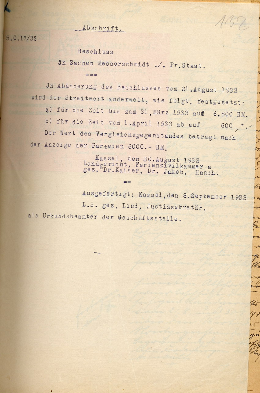 Festsetzung des Streitwerts für den Vergleichsbeschluss  im Entschädigungsprozess der Witwe Messerschmidt, Kassel, den 30. August 1933.
