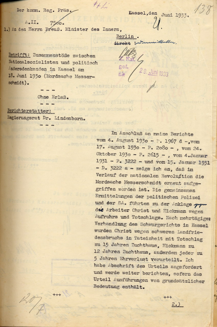 Bericht über das Urteil des Schwurgerichts gegen die Angeklagten Christ und Hickmann wegen Aufruhr und wegen Totschlag von Heinrich Messerschmidt, Kassel, den 21. Juni 1933.