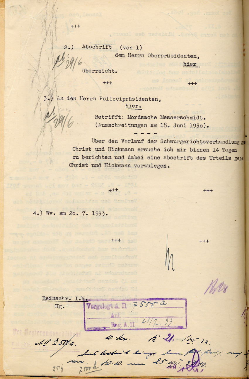 Bericht über das Urteil des Schwurgerichts gegen die Angeklagten Christ und Hickmann wegen Aufruhr und wegen Totschlag von Heinrich Messerschmidt, Kassel, den 21. Juni 1933.