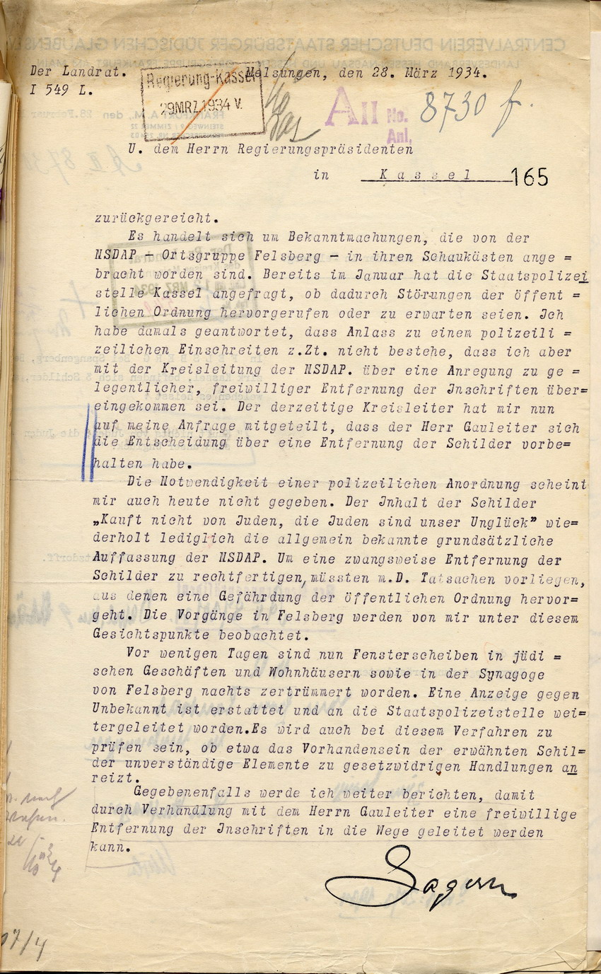 Reaktion des Landrates auf die Beschwerde des Centralvereins deutscher Staatsbürger jüdischen Glaubens über diskriminierende Schilder in Felsberg, Melsungen, den 28. März 1934