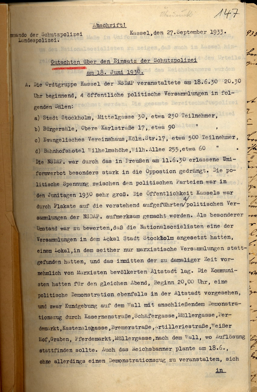 Polizei-Oberstleutnant Pfeffer-Wildenbruch: Den Amtsvorgänger Schulz belastendes Gutachten über den Einsatz der Schutzpolizei nach der NSDAP-Parteikundgenung am 18. Juni 1930, Kassel, den 27. September 1933.