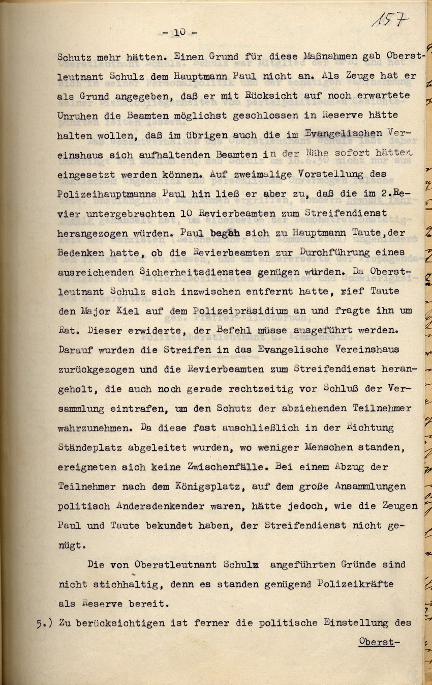 Polizei-Oberstleutnant Pfeffer-Wildenbruch: Den Amtsvorgänger Schulz belastendes Gutachten über den Einsatz der Schutzpolizei nach der NSDAP-Parteikundgenung am 18. Juni 1930, Kassel, den 27. September 1933.
