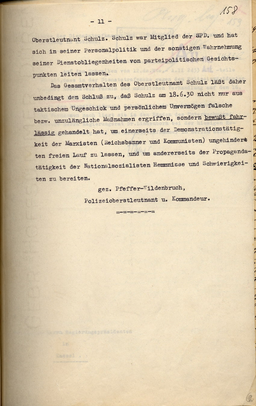 Polizei-Oberstleutnant Pfeffer-Wildenbruch: Den Amtsvorgänger Schulz belastendes Gutachten über den Einsatz der Schutzpolizei nach der NSDAP-Parteikundgenung am 18. Juni 1930, Kassel, den 27. September 1933.