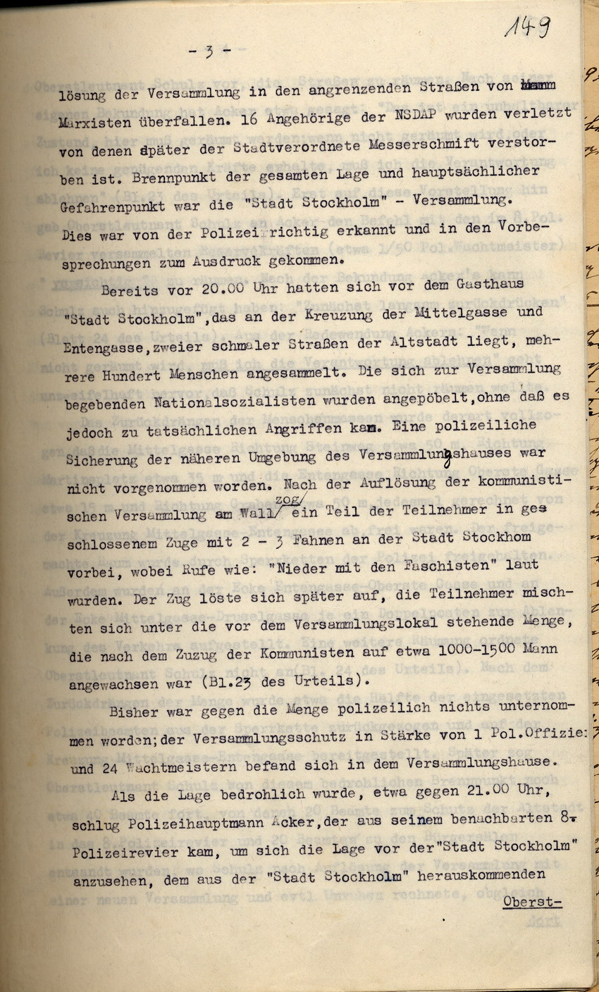 Polizei-Oberstleutnant Pfeffer-Wildenbruch: Den Amtsvorgänger Schulz belastendes Gutachten über den Einsatz der Schutzpolizei nach der NSDAP-Parteikundgenung am 18. Juni 1930, Kassel, den 27. September 1933.