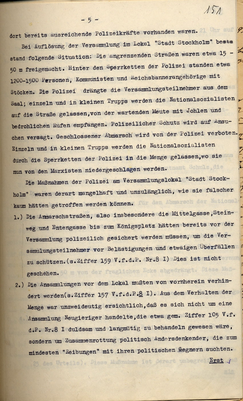 Polizei-Oberstleutnant Pfeffer-Wildenbruch: Den Amtsvorgänger Schulz belastendes Gutachten über den Einsatz der Schutzpolizei nach der NSDAP-Parteikundgenung am 18. Juni 1930, Kassel, den 27. September 1933.