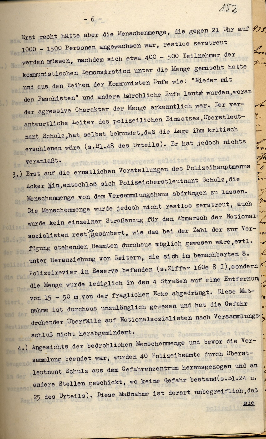 Polizei-Oberstleutnant Pfeffer-Wildenbruch: Den Amtsvorgänger Schulz belastendes Gutachten über den Einsatz der Schutzpolizei nach der NSDAP-Parteikundgenung am 18. Juni 1930, Kassel, den 27. September 1933.