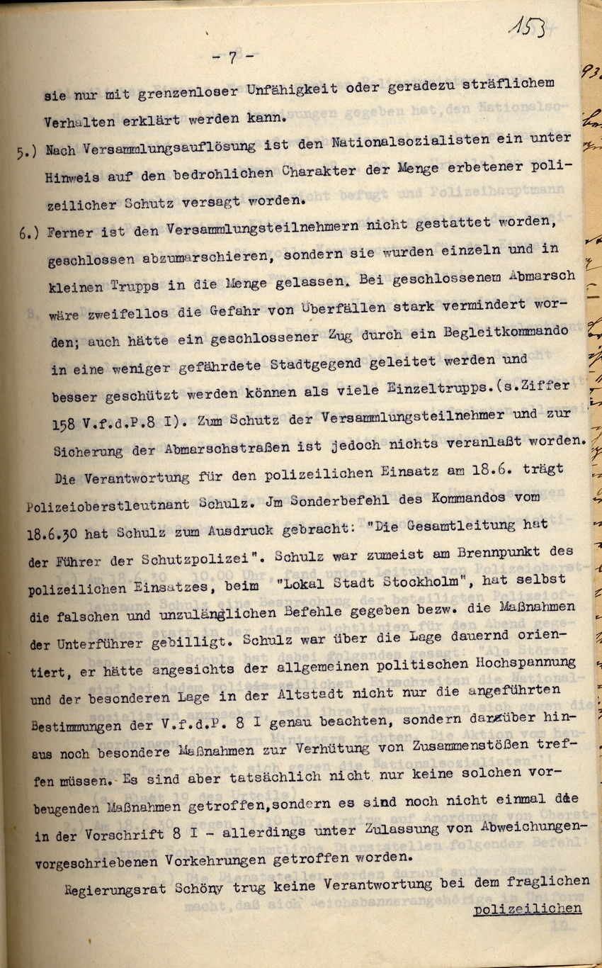 Polizei-Oberstleutnant Pfeffer-Wildenbruch: Den Amtsvorgänger Schulz belastendes Gutachten über den Einsatz der Schutzpolizei nach der NSDAP-Parteikundgenung am 18. Juni 1930, Kassel, den 27. September 1933.