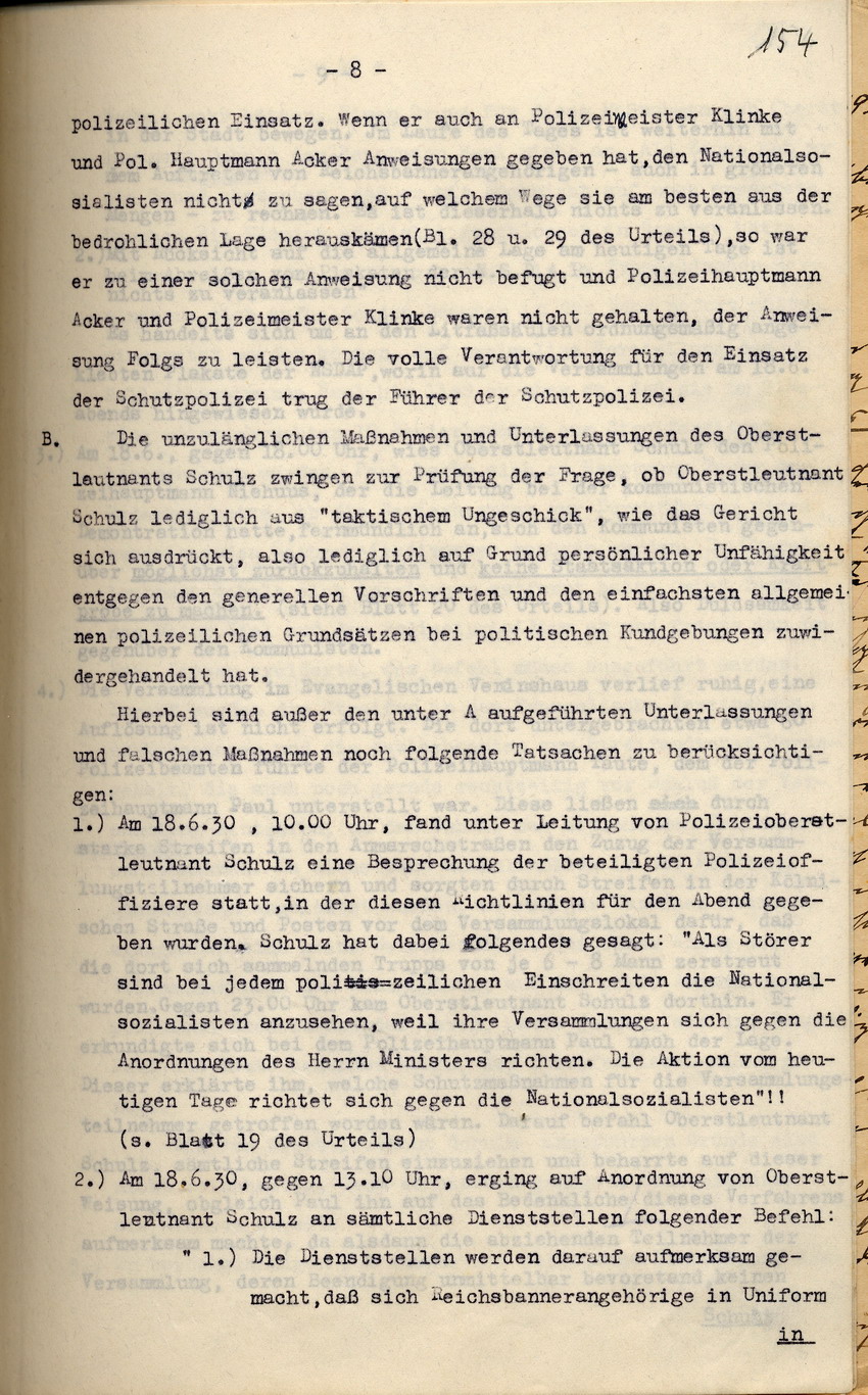Polizei-Oberstleutnant Pfeffer-Wildenbruch: Den Amtsvorgänger Schulz belastendes Gutachten über den Einsatz der Schutzpolizei nach der NSDAP-Parteikundgenung am 18. Juni 1930, Kassel, den 27. September 1933.