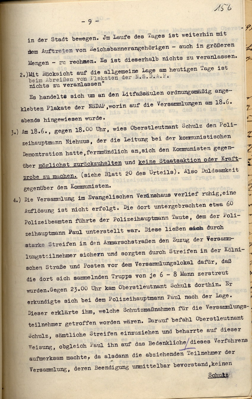 Polizei-Oberstleutnant Pfeffer-Wildenbruch: Den Amtsvorgänger Schulz belastendes Gutachten über den Einsatz der Schutzpolizei nach der NSDAP-Parteikundgenung am 18. Juni 1930, Kassel, den 27. September 1933.