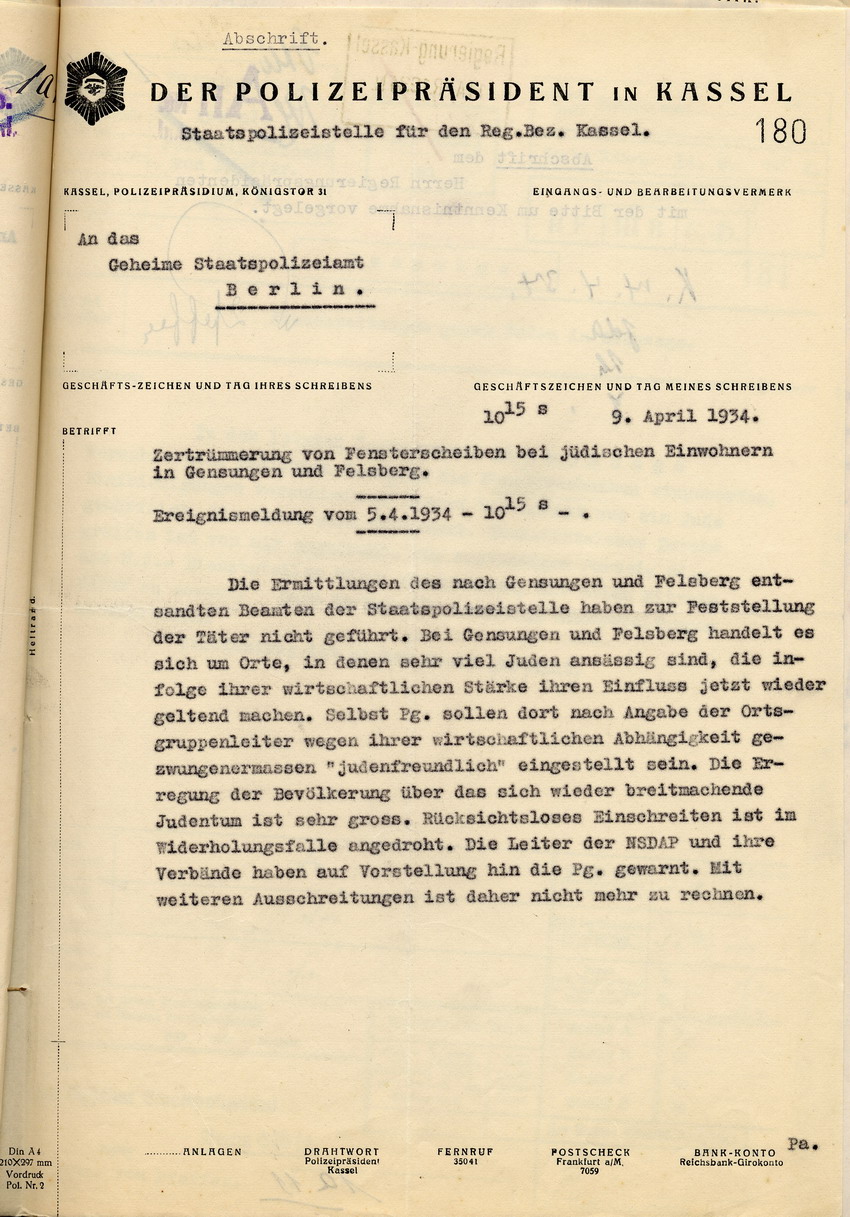 Bericht des Polizeipräsidenten über die Zertrümmerung von Fensterscheiben bei jüdischen Einwohnern und der Synagoge in Felsberg, Kassel, den 9. April 1934.