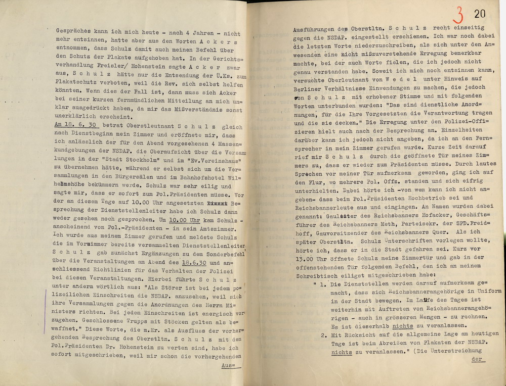 Gedächtnis-Protokoll des Polizeimajors Kiel zum Einsatz des Kommandos der Schutzpolizei am 18. Juni des Jahres 1930, Kassel, den 6. Juni 1934.