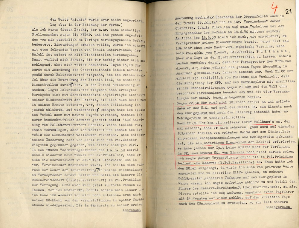 Gedächtnis-Protokoll des Polizeimajors Kiel zum Einsatz des Kommandos der Schutzpolizei am 18. Juni des Jahres 1930, Kassel, den 6. Juni 1934.