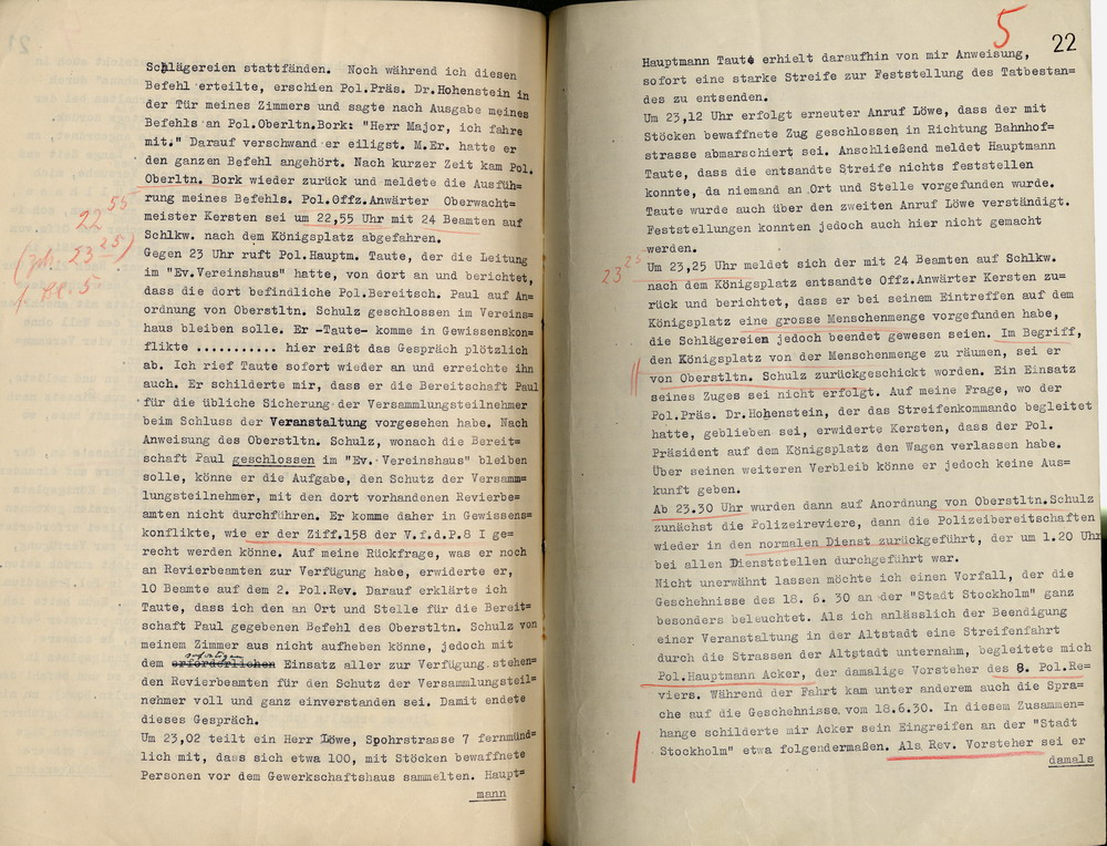 Gedächtnis-Protokoll des Polizeimajors Kiel zum Einsatz des Kommandos der Schutzpolizei am 18. Juni des Jahres 1930, Kassel, den 6. Juni 1934.