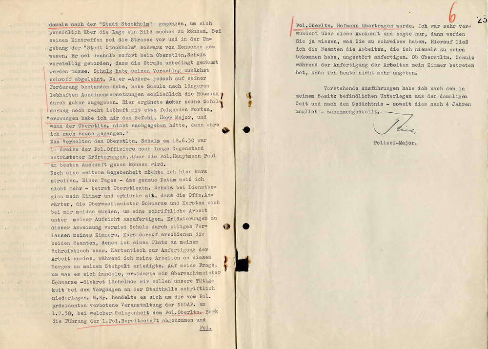 Gedächtnis-Protokoll des Polizeimajors Kiel zum Einsatz des Kommandos der Schutzpolizei am 18. Juni des Jahres 1930, Kassel, den 6. Juni 1934.