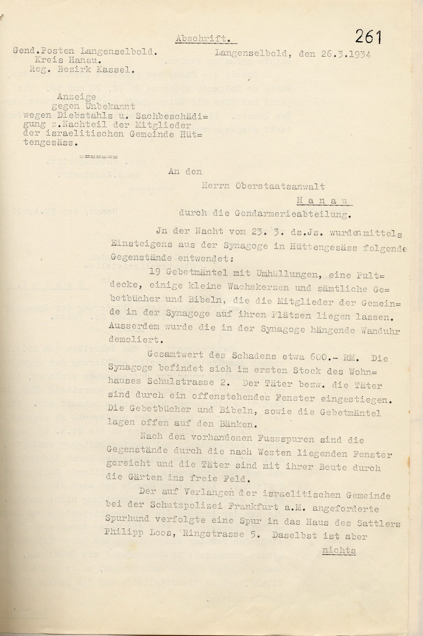 Bericht der Gendarmerie über einen Einbruch mit Diebstahl und Sachbeschädigung in die Synagoge in Hüttengesäss am 23. März 1934, Langenselbold, den 26. März 1934.