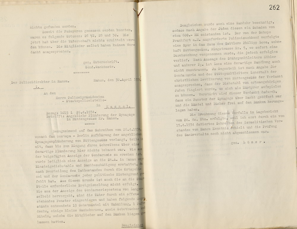 Bericht der Gendarmerie über einen Einbruch mit Diebstahl und Sachbeschädigung in die Synagoge in Hüttengesäss am 23. März 1934, Langenselbold, den 26. März 1934.
