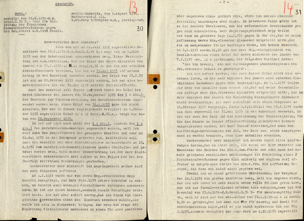 Stellungnahme des Polizeioberst a. D. Otto Schulz an den Minister des Innern, Berlin-Lankwitz, den 5. August 1934.