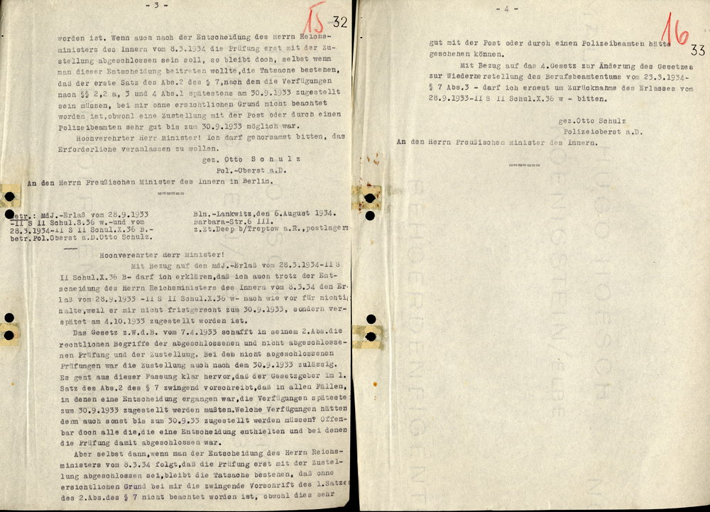 Stellungnahme des Polizeioberst a. D. Otto Schulz an den Minister des Innern, Berlin-Lankwitz, den 5. August 1934.