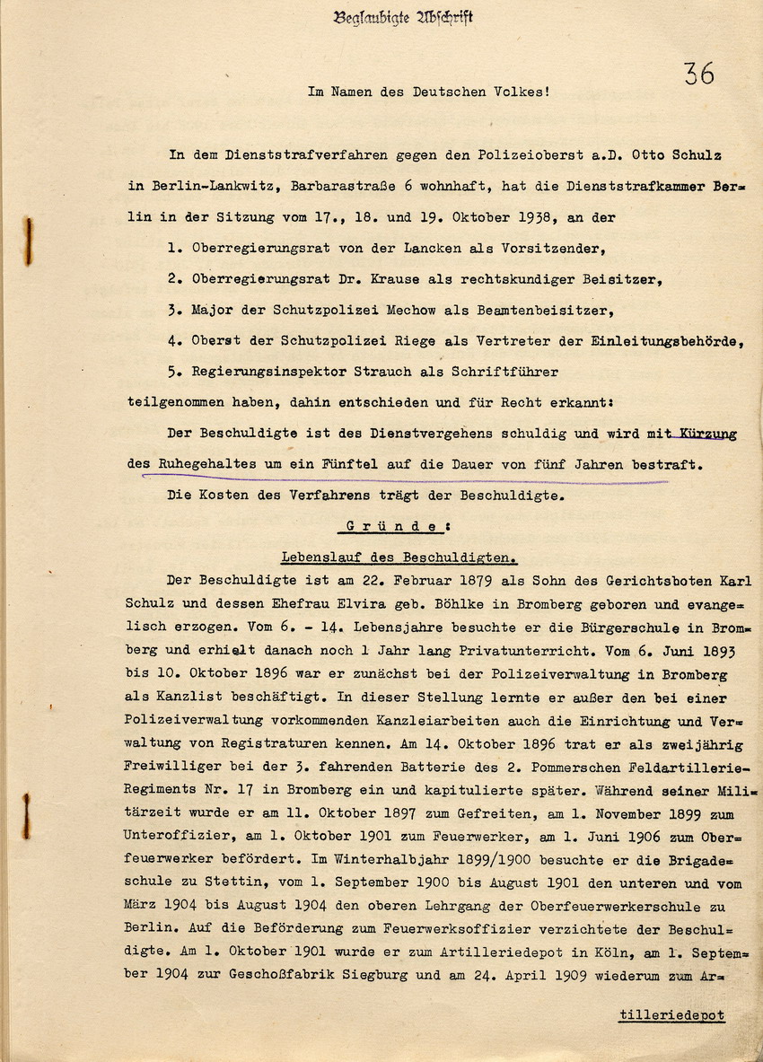 Urteil der Dienststrafkammer Berlin im Dienststrafverfahren gegen den Polizeioberst a. D. Otto Schulz, Berlin, den 19. Oktober 1938.
