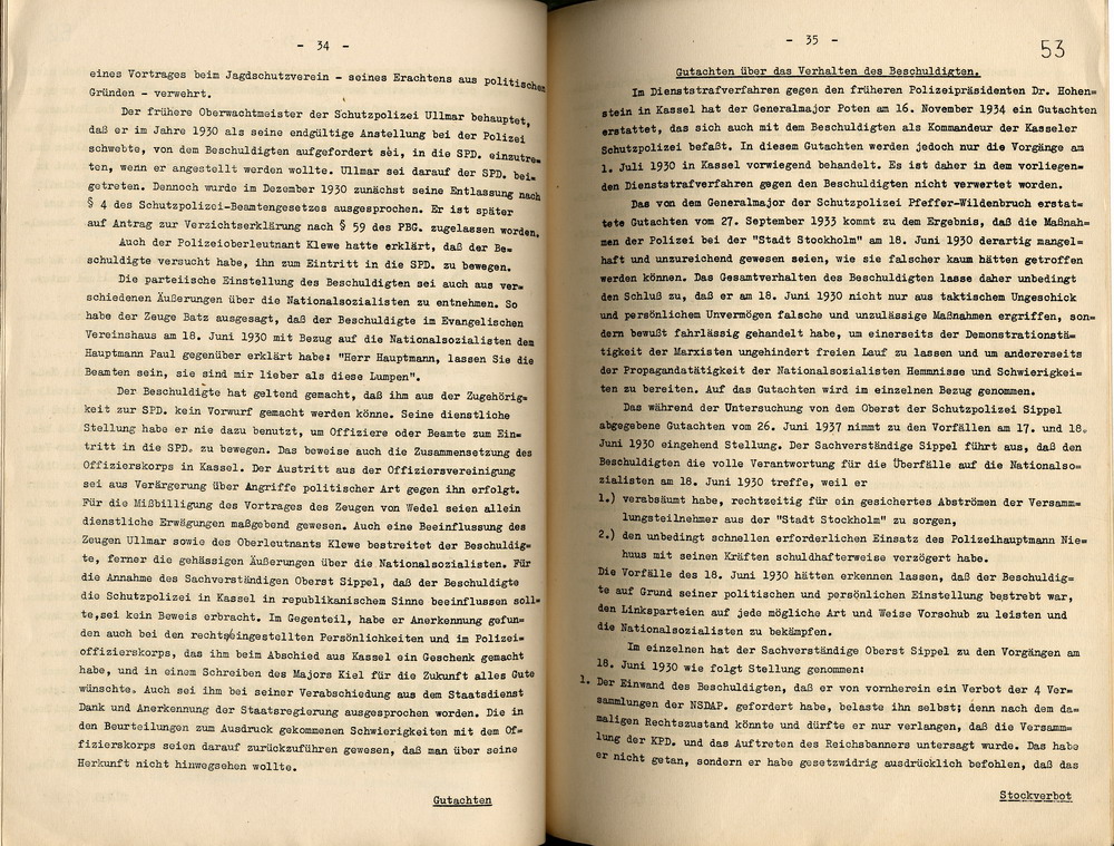 Urteil der Dienststrafkammer Berlin im Dienststrafverfahren gegen den Polizeioberst a. D. Otto Schulz, Berlin, den 19. Oktober 1938.