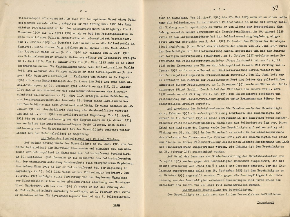 Urteil der Dienststrafkammer Berlin im Dienststrafverfahren gegen den Polizeioberst a. D. Otto Schulz, Berlin, den 19. Oktober 1938.