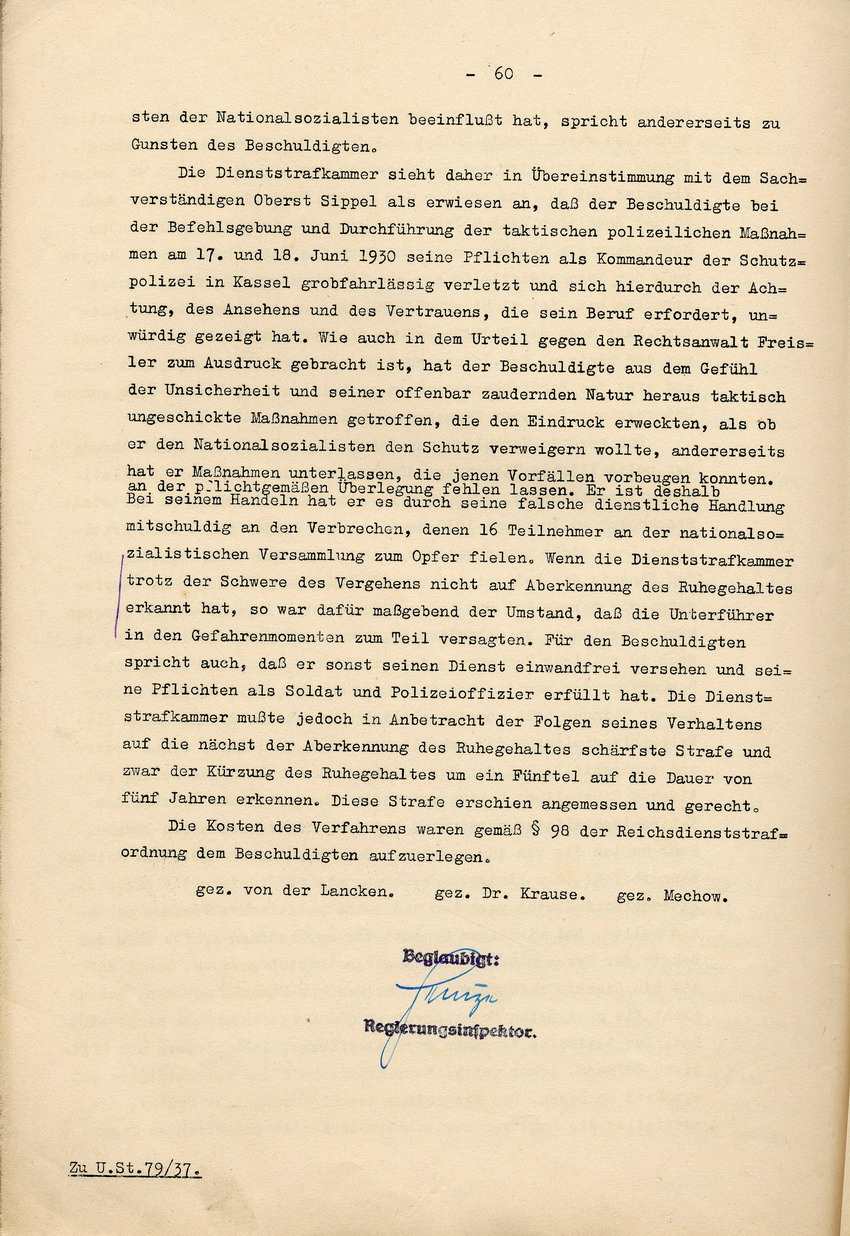Urteil der Dienststrafkammer Berlin im Dienststrafverfahren gegen den Polizeioberst a. D. Otto Schulz, Berlin, den 19. Oktober 1938.