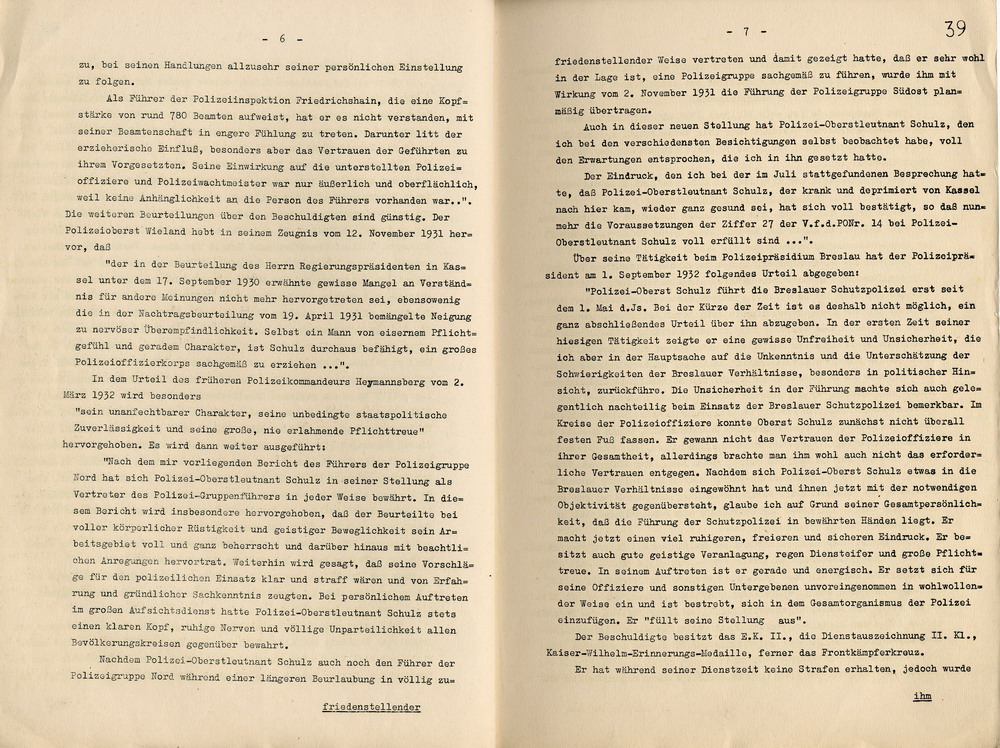 Urteil der Dienststrafkammer Berlin im Dienststrafverfahren gegen den Polizeioberst a. D. Otto Schulz, Berlin, den 19. Oktober 1938.