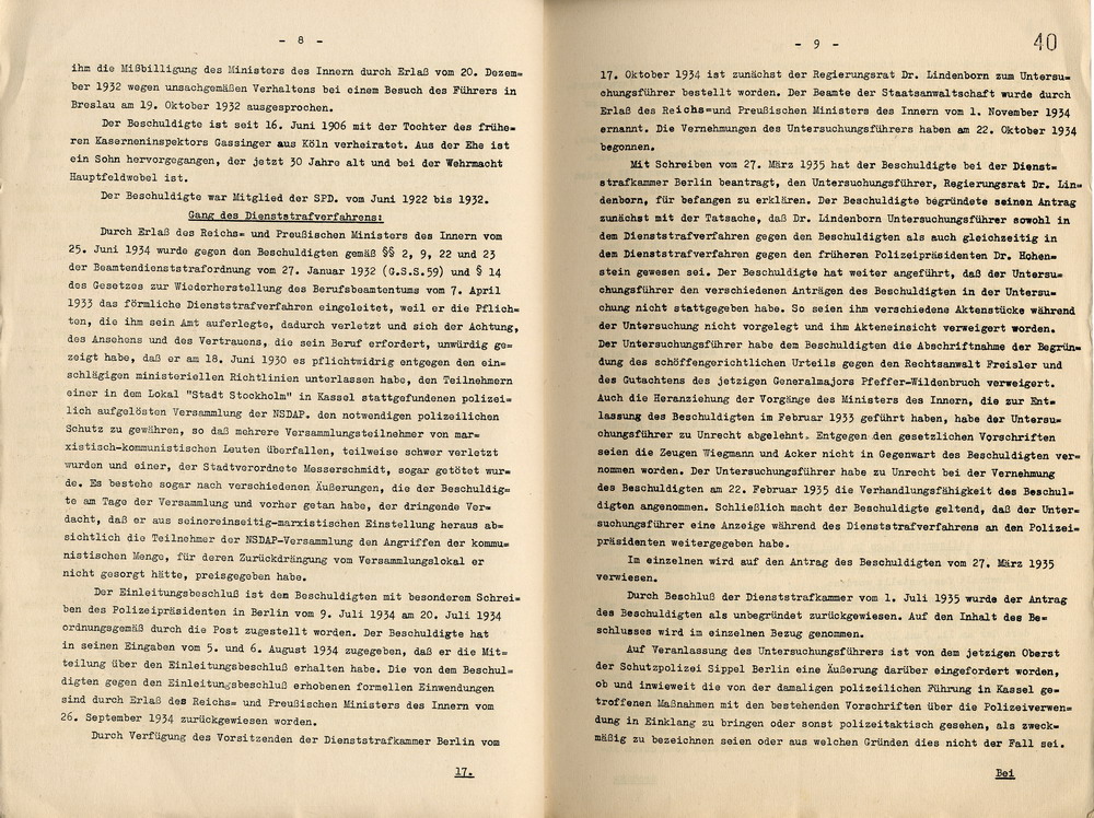 Urteil der Dienststrafkammer Berlin im Dienststrafverfahren gegen den Polizeioberst a. D. Otto Schulz, Berlin, den 19. Oktober 1938.