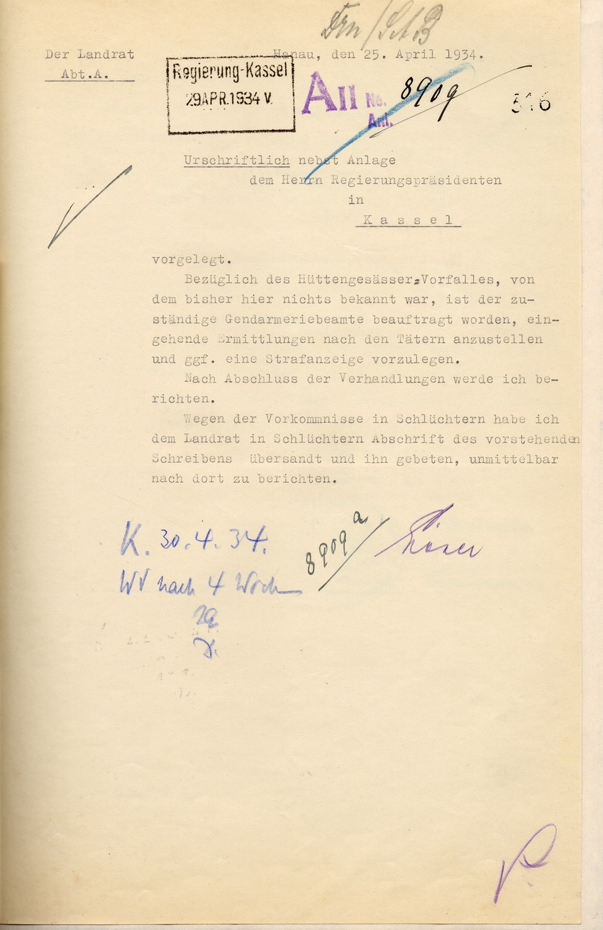 Stellungnahme des Landrates zum dem Einbruch mit Diebstahl und Sachbeschädigung in die Synagoge in Hüttengesäss, Hanau, den 25. April 1934.