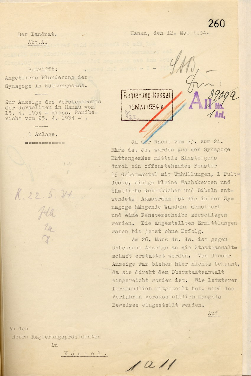 Mitteilung des Landrates, dass das Verfahren wegen des Einbruchs mit Diebstahl und Sachbeschädigung in die Synagoge in Hüttengesäss eingestellt wird, Hanau, den 12. Mai 1934.