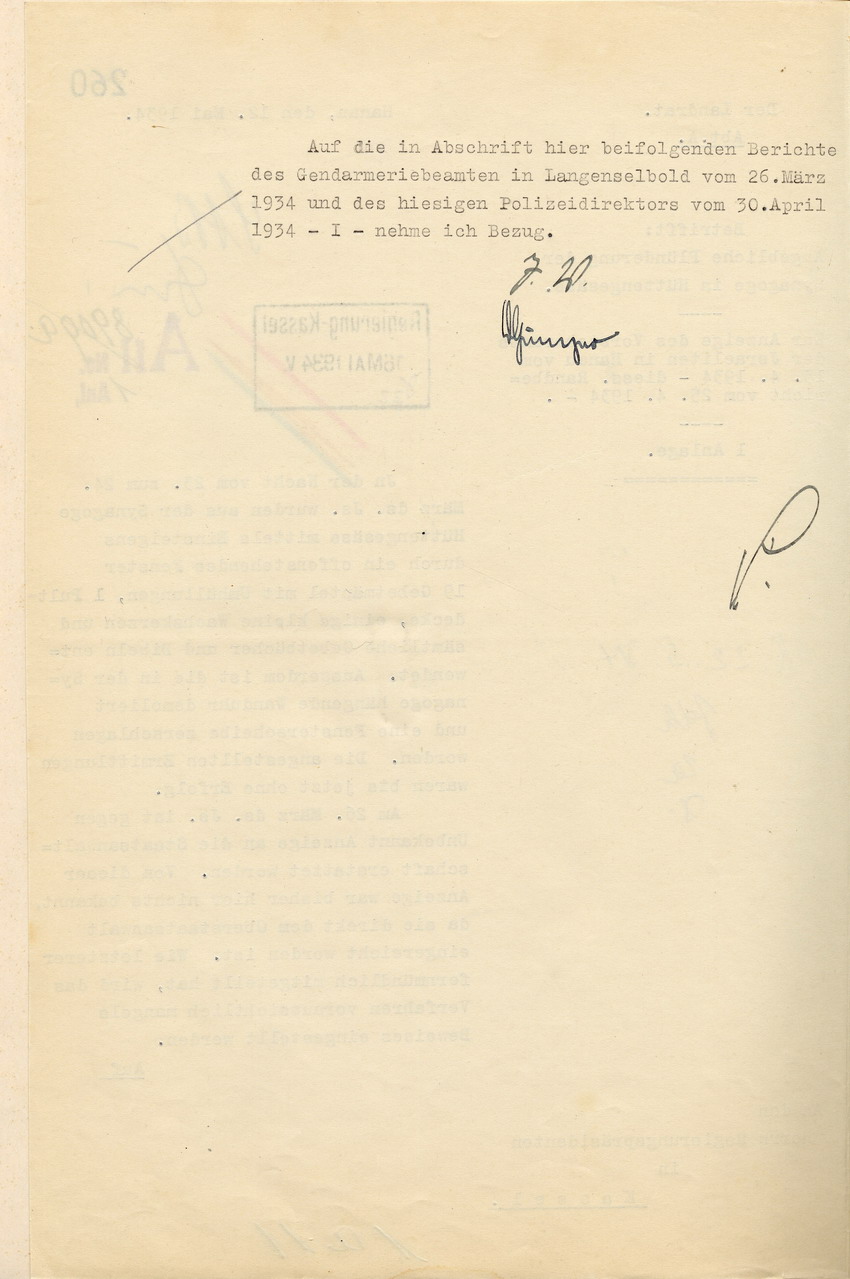 Mitteilung des Landrates, dass das Verfahren wegen des Einbruchs mit Diebstahl und Sachbeschädigung in die Synagoge in Hüttengesäss eingestellt wird, Hanau, den 12. Mai 1934.