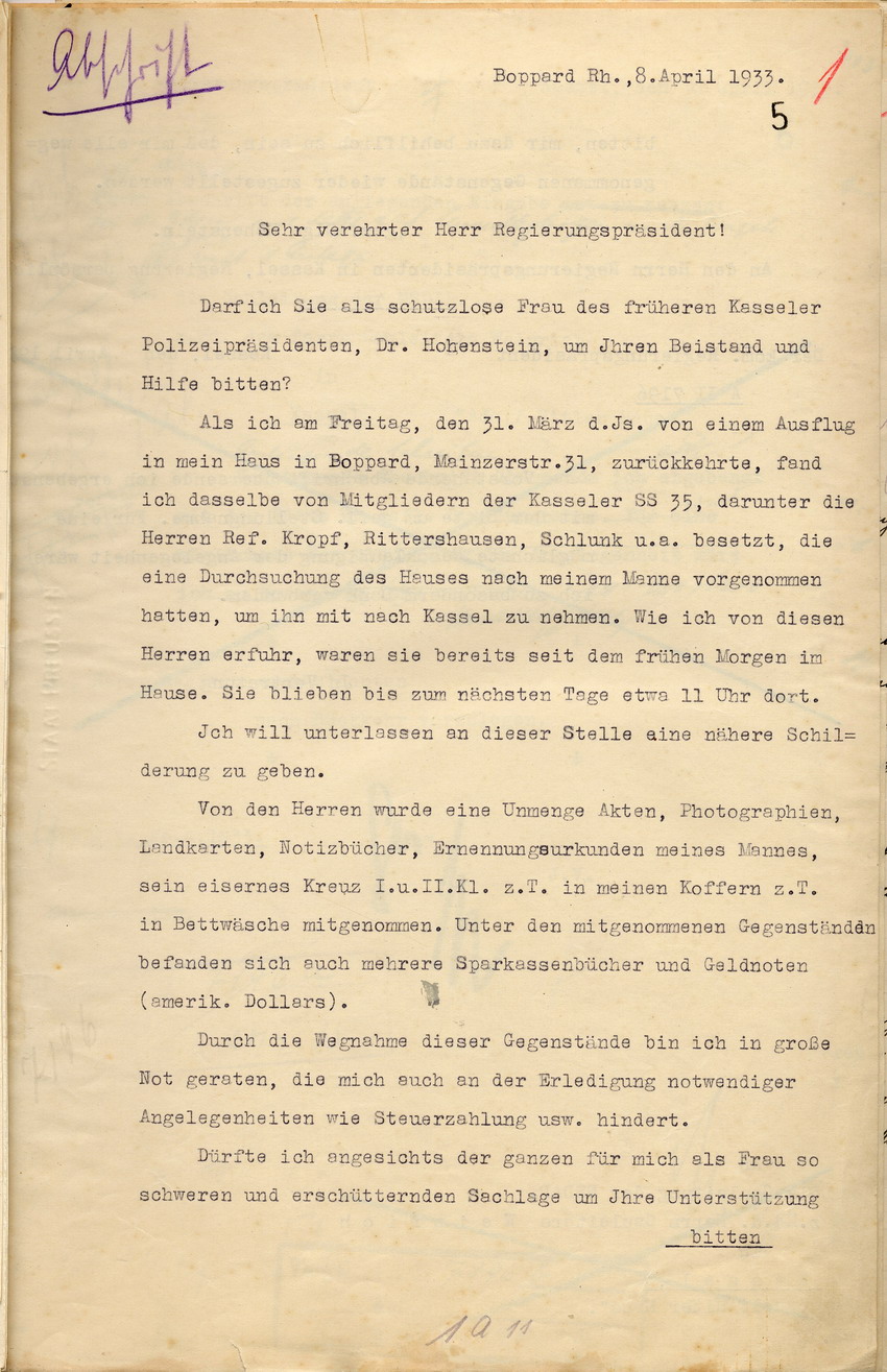 Brief der Ehefrau des ehemaligen Polizeipräsidenten Hohenstein: Bitte um Rückgabe der mitgenommenen Gegenstände aus einer Haussuchung der Kasseler SS 35 in Hohensteins Haus, Boppard am Rhein, den 8. April 1933.