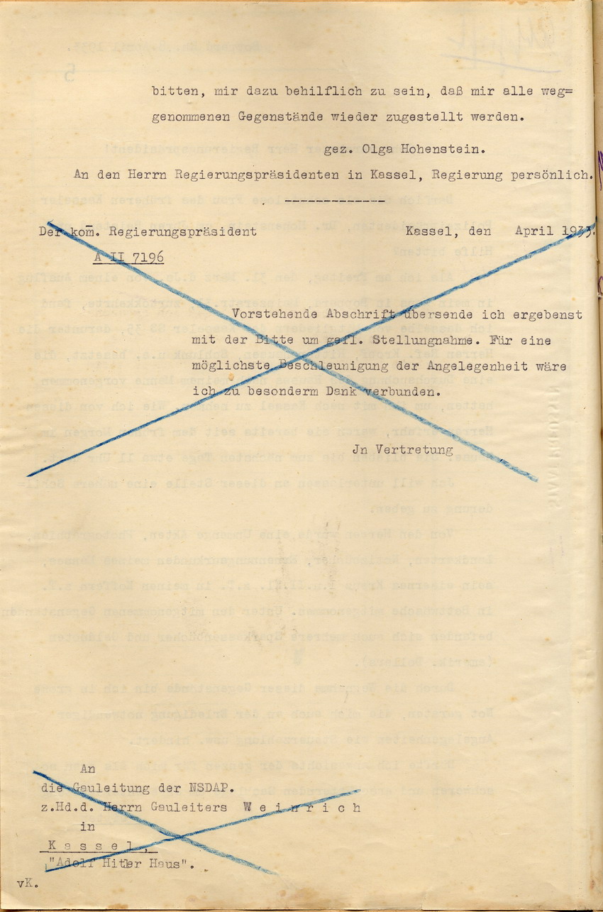 Brief der Ehefrau des ehemaligen Polizeipräsidenten Hohenstein: Bitte um Rückgabe der mitgenommenen Gegenstände aus einer Haussuchung der Kasseler SS 35 in Hohensteins Haus, Boppard am Rhein, den 8. April 1933.