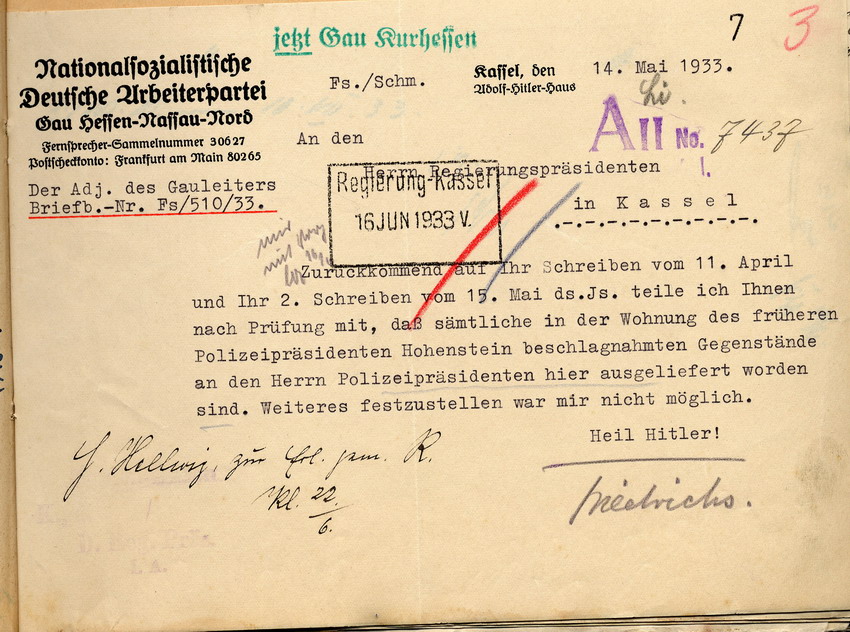 Stellungnahme des NSDAP-Gauleiters von Kurhessen zur Haussuchung der SS bei Hohenstein, Kassel den 14. Mai 1933.