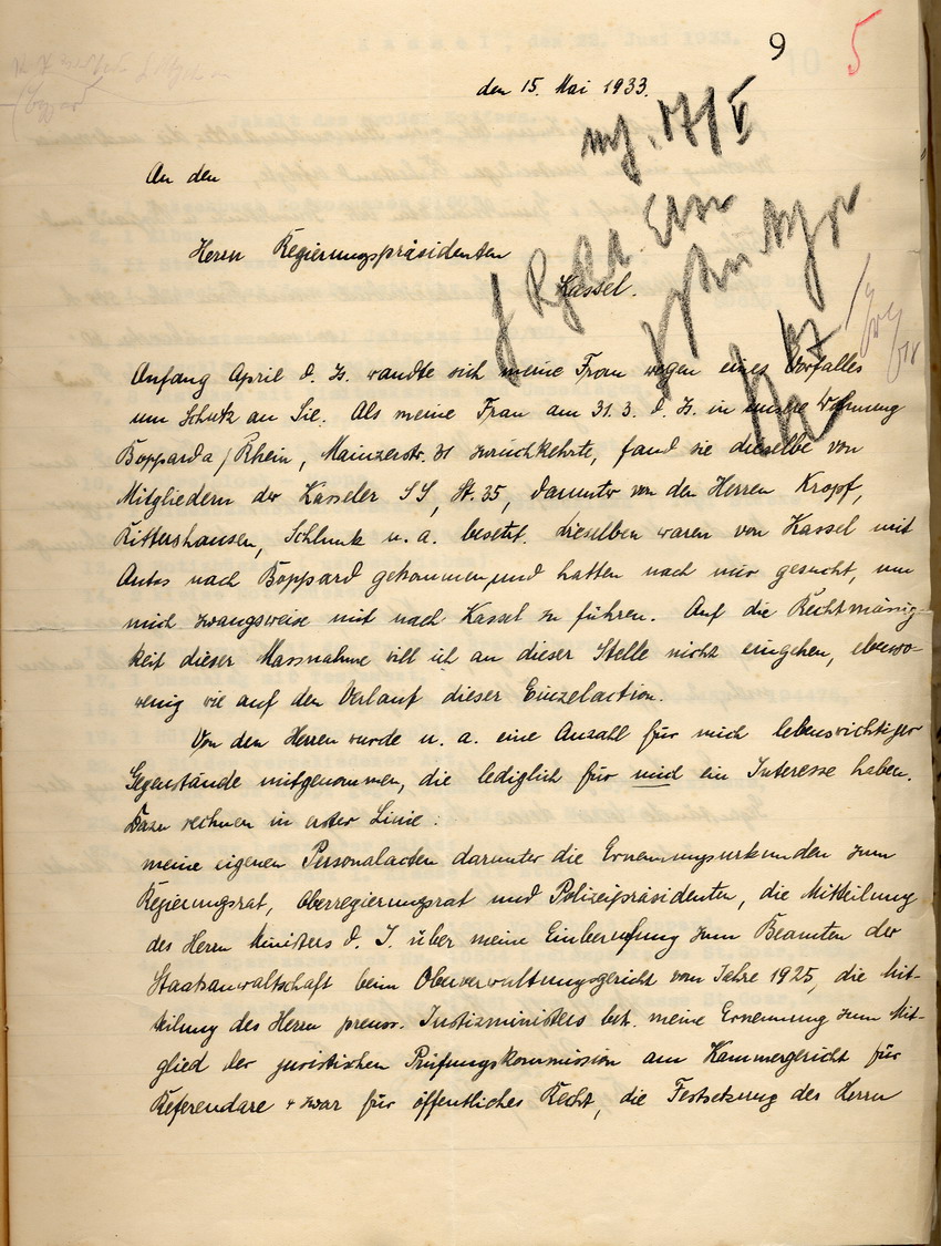 Brief des ehemaligen Polizeipräsidenten Hohenstein an den Regierungspräsidenten in Kassel: Bitte um Rückgabe "lebenswichtiger Gegenstände", Boppard am Rhein, den 15. Mai 1933.
