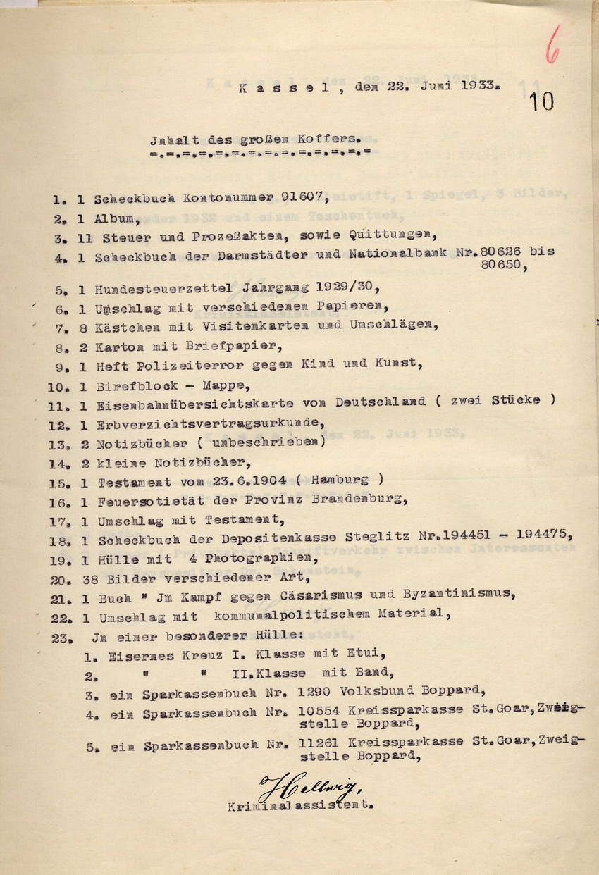 Verzeichnis des Kriminalassistenten Hellwig über die an Hohenstein zurückgesanden Gegenstände aus der Haussuchung der SS, Kassel, den 22. und 23. Juni 1933.