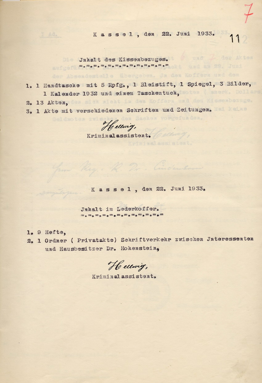 Verzeichnis des Kriminalassistenten Hellwig über die an Hohenstein zurückgesanden Gegenstände aus der Haussuchung der SS, Kassel, den 22. und 23. Juni 1933.