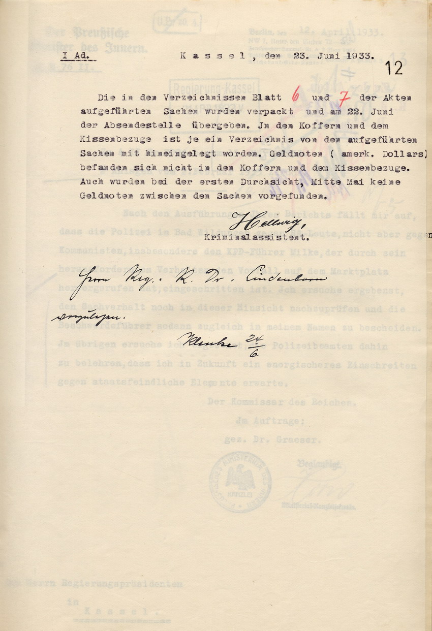 Verzeichnis des Kriminalassistenten Hellwig über die an Hohenstein zurückgesanden Gegenstände aus der Haussuchung der SS, Kassel, den 22. und 23. Juni 1933.