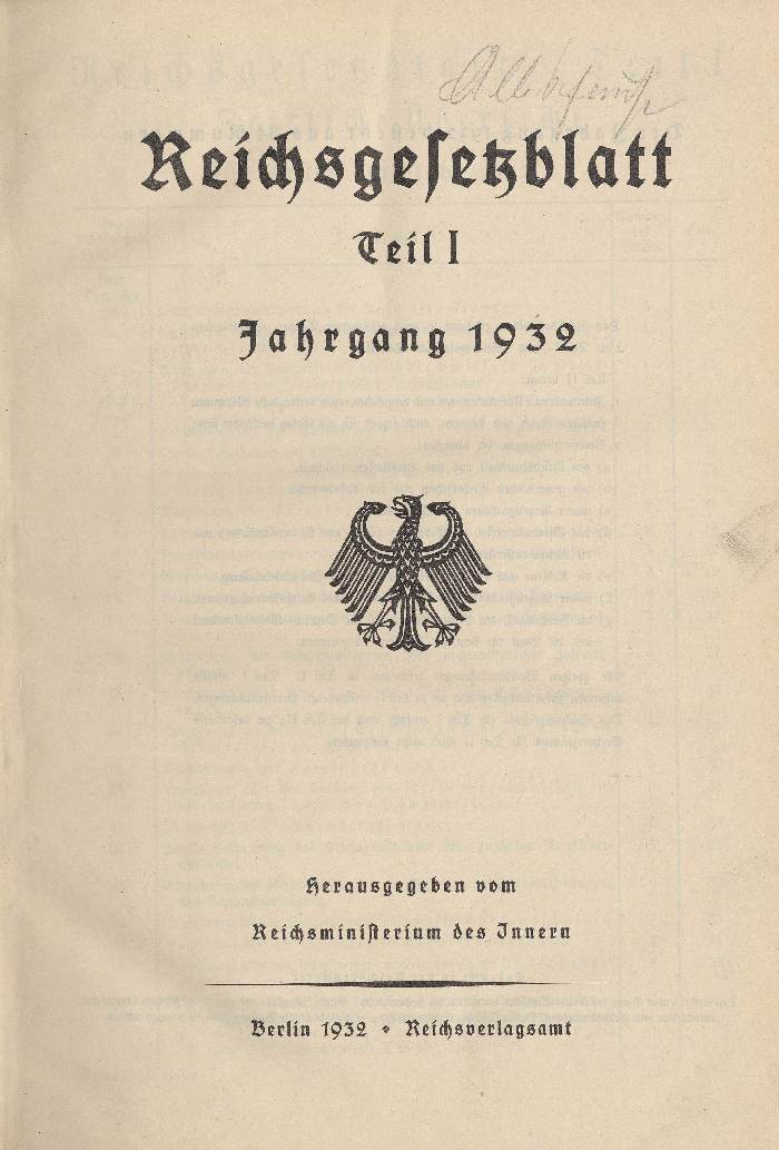 Reichsgesetzblatt, Tei 1, Jahrgang 1932