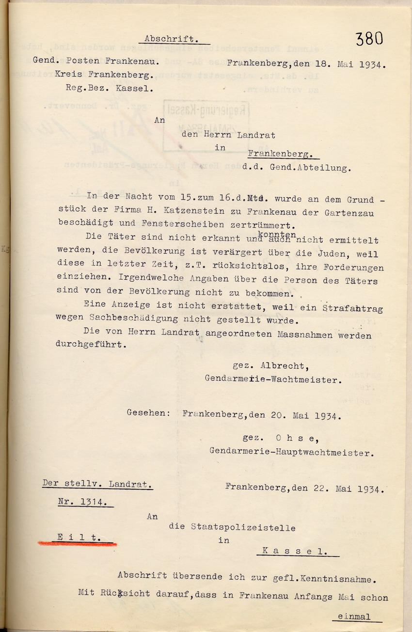 Bericht der Gendarmerie zu Sachbeschädigungen am Grundstück der jüdischen Firma H. Katzenstein in der Nacht vom 15. auf den 16. Mai 1934, Frankenberg, den 18. Mai 1934.