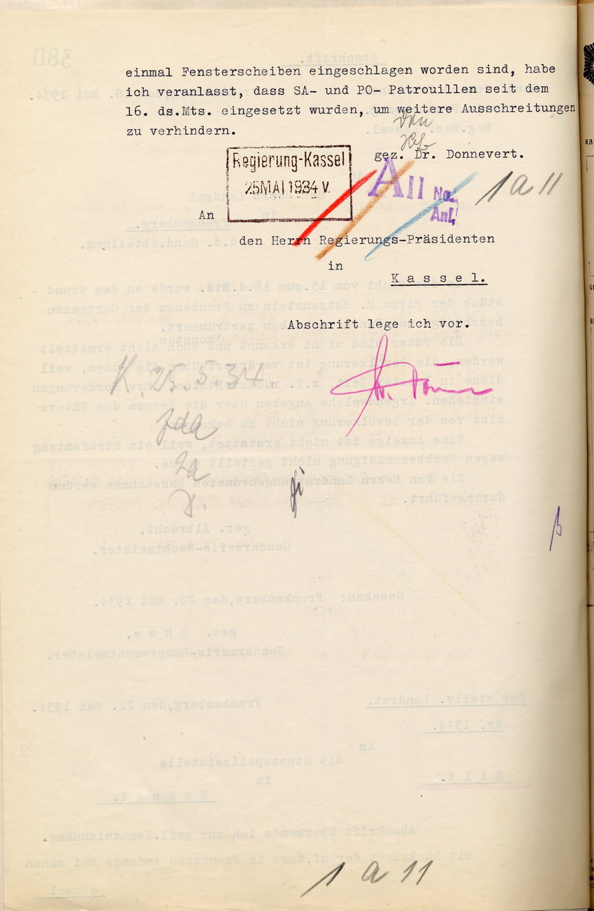 Bericht der Gendarmerie zu Sachbeschädigungen am Grundstück der jüdischen Firma H. Katzenstein in der Nacht vom 15. auf den 16. Mai 1934, Frankenberg, den 18. Mai 1934.